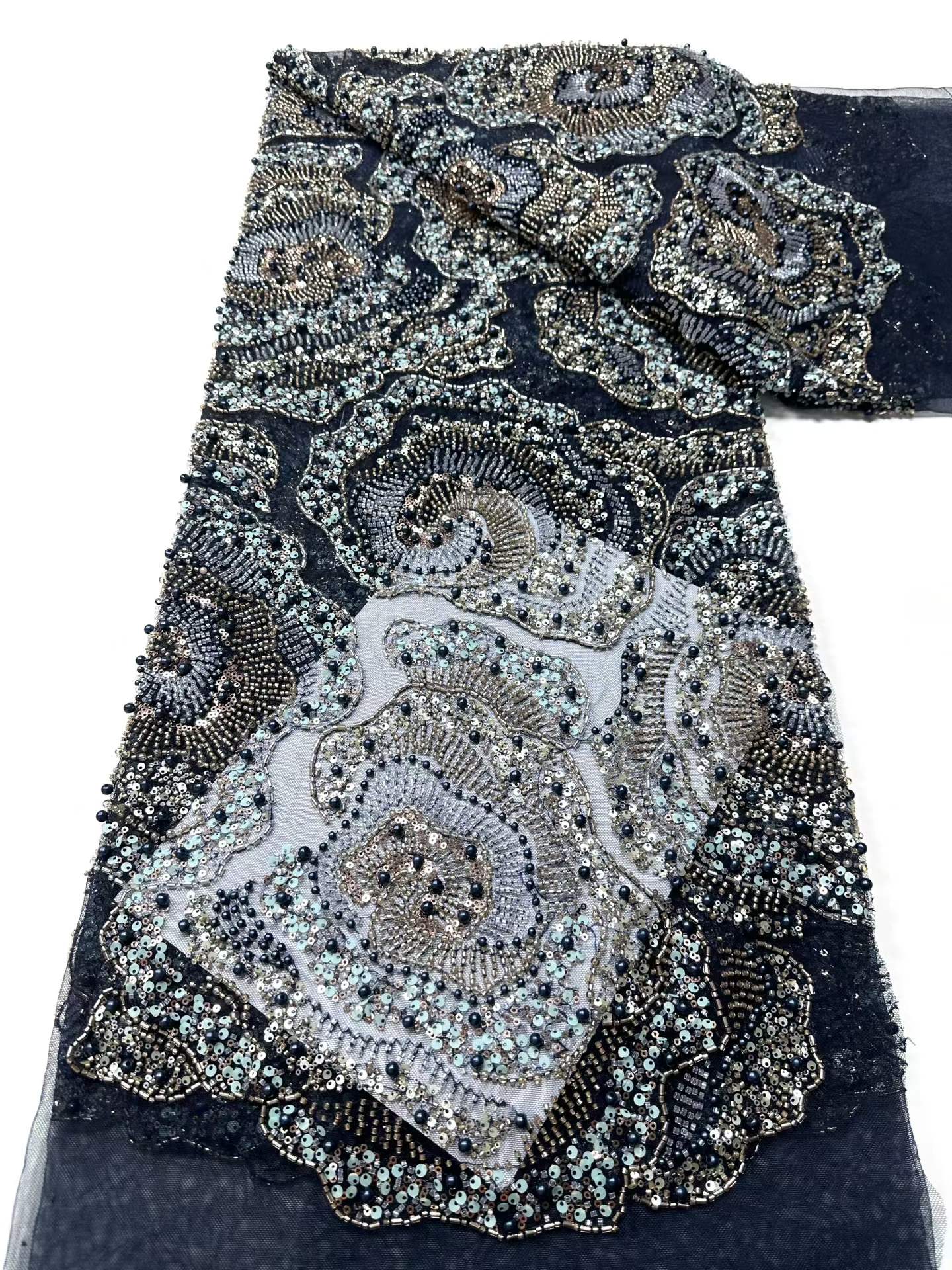 Affordable high quality lace fabric with beads pearls and sequins wedding dress lace fabric