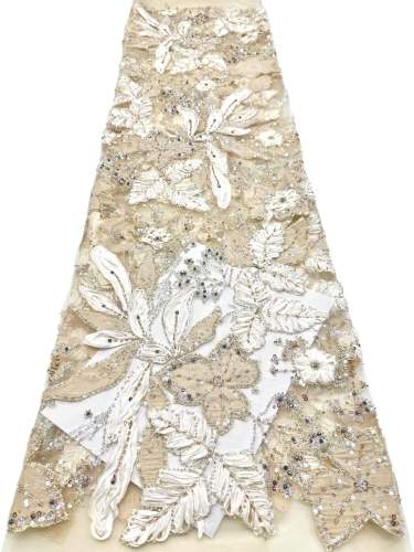 Affordable high quality lace fabric with beads pearls and sequins wedding dress lace fabric