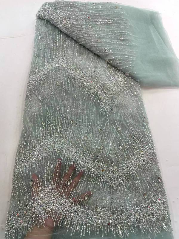 Affordable high quality lace fabric with beads pearls and sequins wedding dress lace fabric