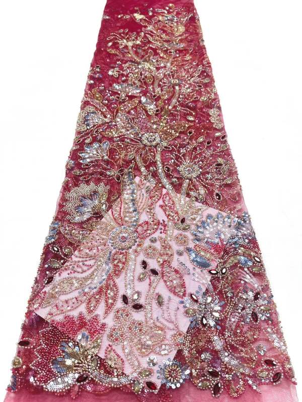 Affordable high quality lace fabric with beads pearls and sequins wedding dress lace fabric