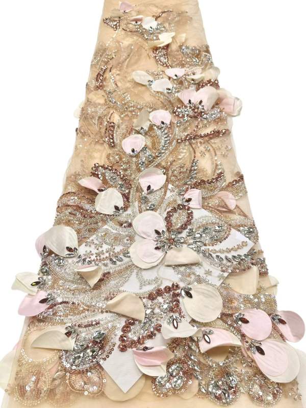 Affordable high quality lace fabric with beads pearls and sequins wedding dress lace fabric