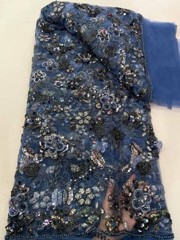 Affordable high quality lace fabric with beads pearls and sequins wedding dress lace fabric