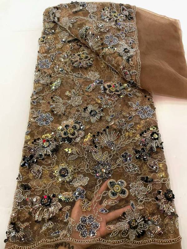Affordable high quality lace fabric with beads pearls and sequins wedding dress lace fabric