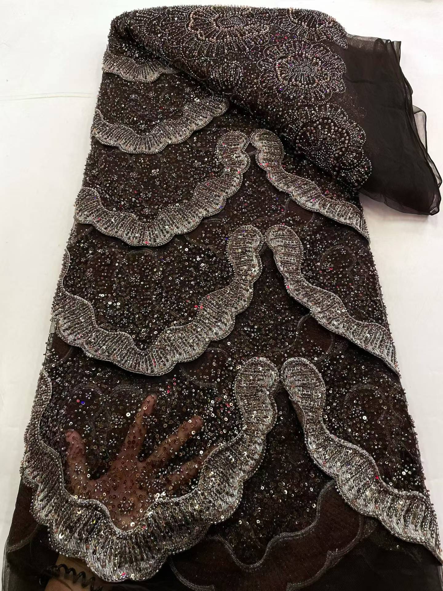 Affordable high quality lace fabric with beads pearls and sequins wedding dress lace fabric