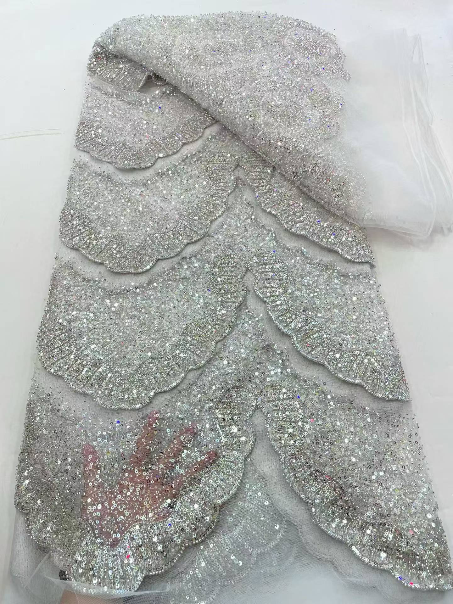 Affordable high quality lace fabric with beads pearls and sequins wedding dress lace fabric