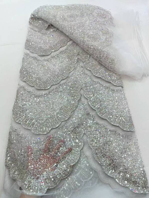 Affordable high quality lace fabric with beads pearls and sequins wedding dress lace fabric