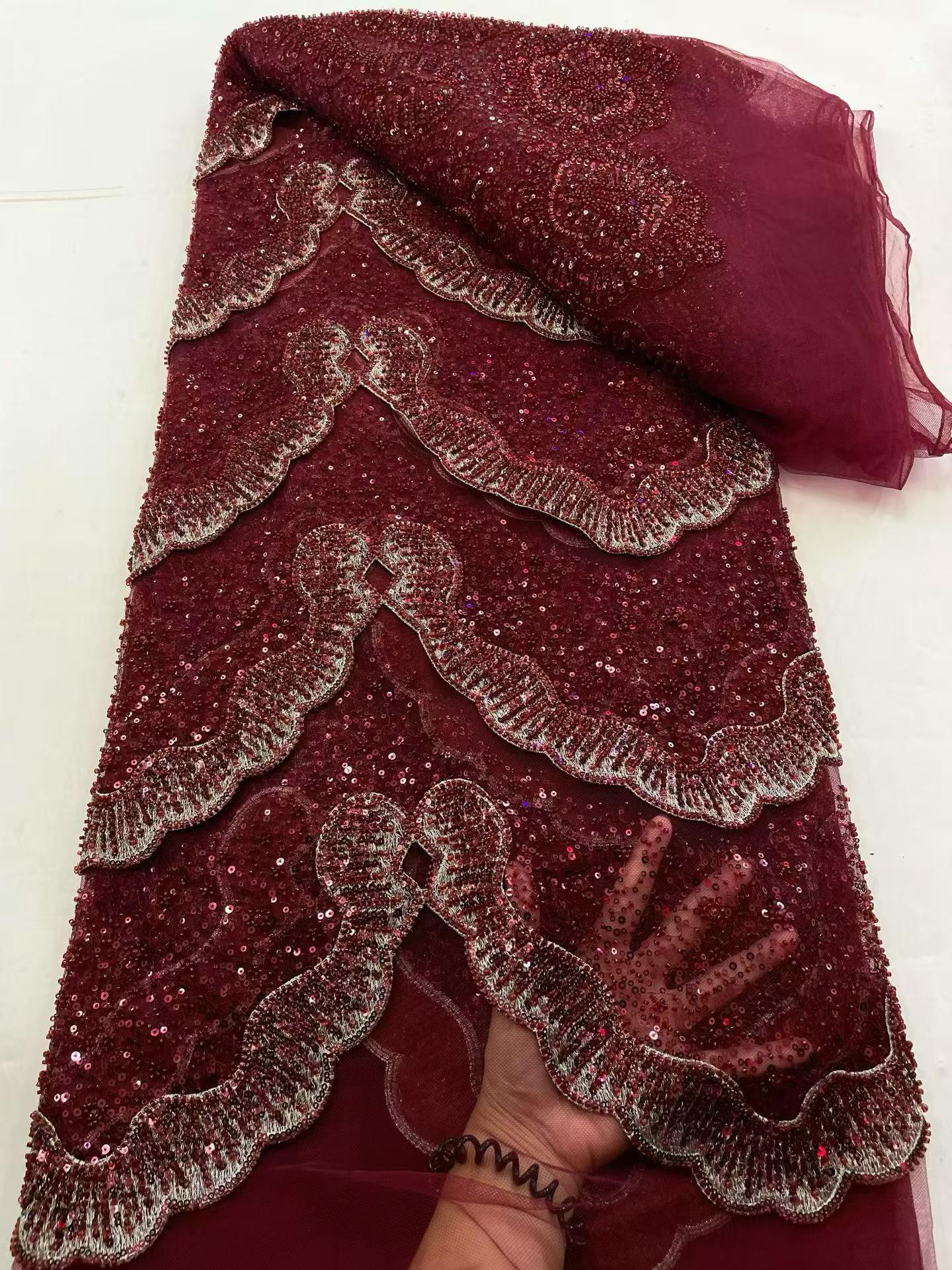 Affordable high quality lace fabric with beads pearls and sequins wedding dress lace fabric
