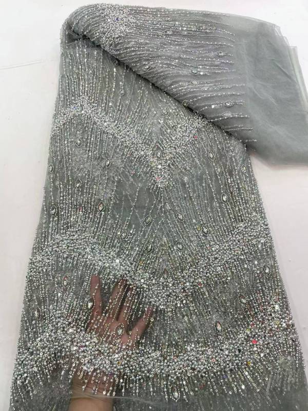 Affordable high quality lace fabric with beads pearls and sequins wedding dress lace fabric