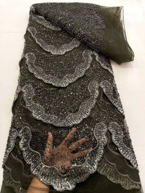 Affordable high quality lace fabric with beads pearls and sequins wedding dress lace fabric