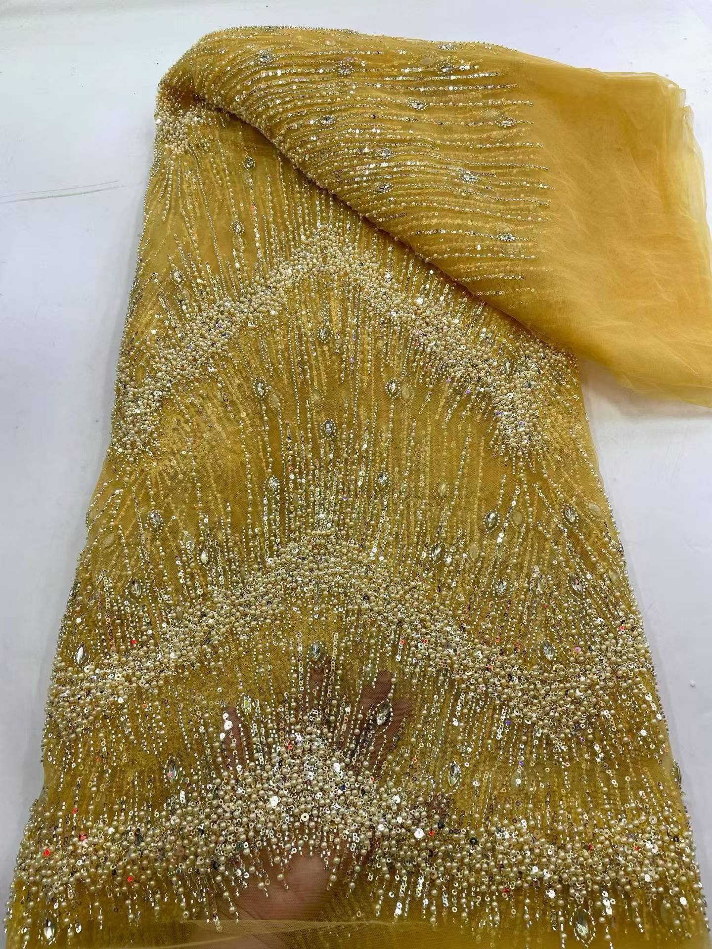 Affordable high quality lace fabric with beads pearls and sequins wedding dress lace fabric