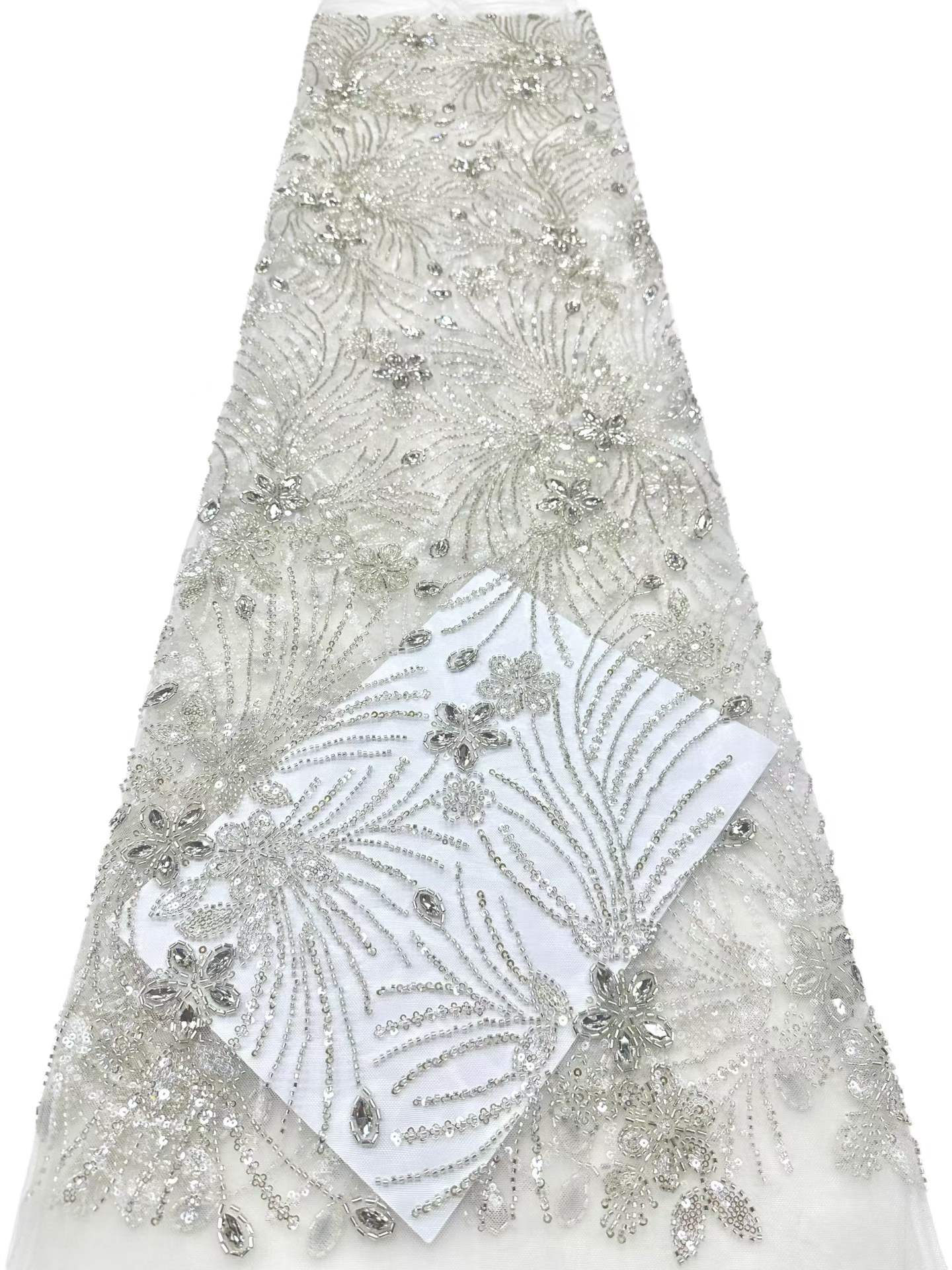 Affordable high quality lace fabric with beads pearls and sequins wedding dress lace fabric