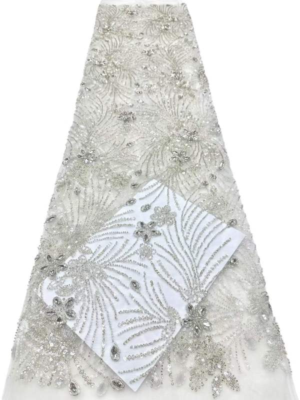 Affordable high quality lace fabric with beads pearls and sequins wedding dress lace fabric