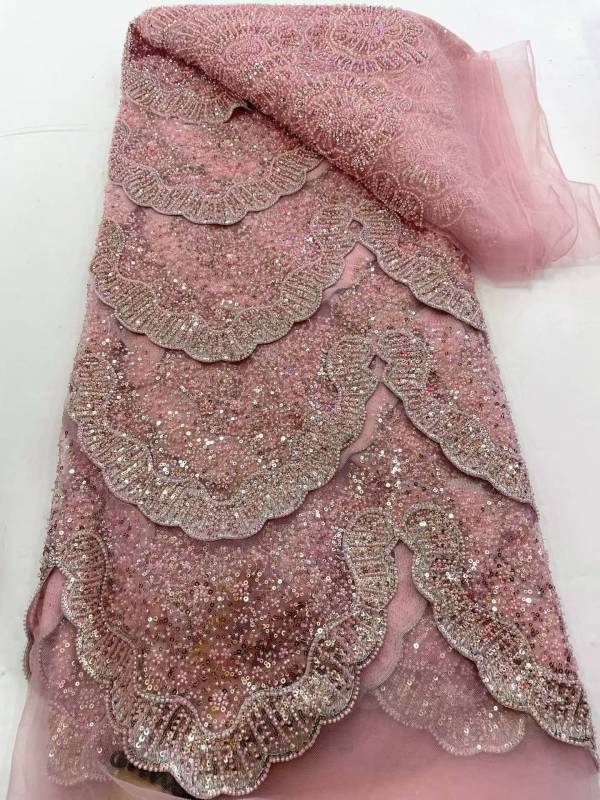 Affordable high quality lace fabric with beads pearls and sequins wedding dress lace fabric
