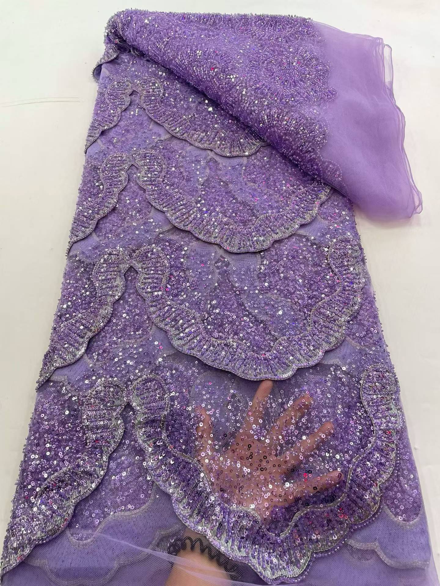 Affordable high quality lace fabric with beads pearls and sequins wedding dress lace fabric