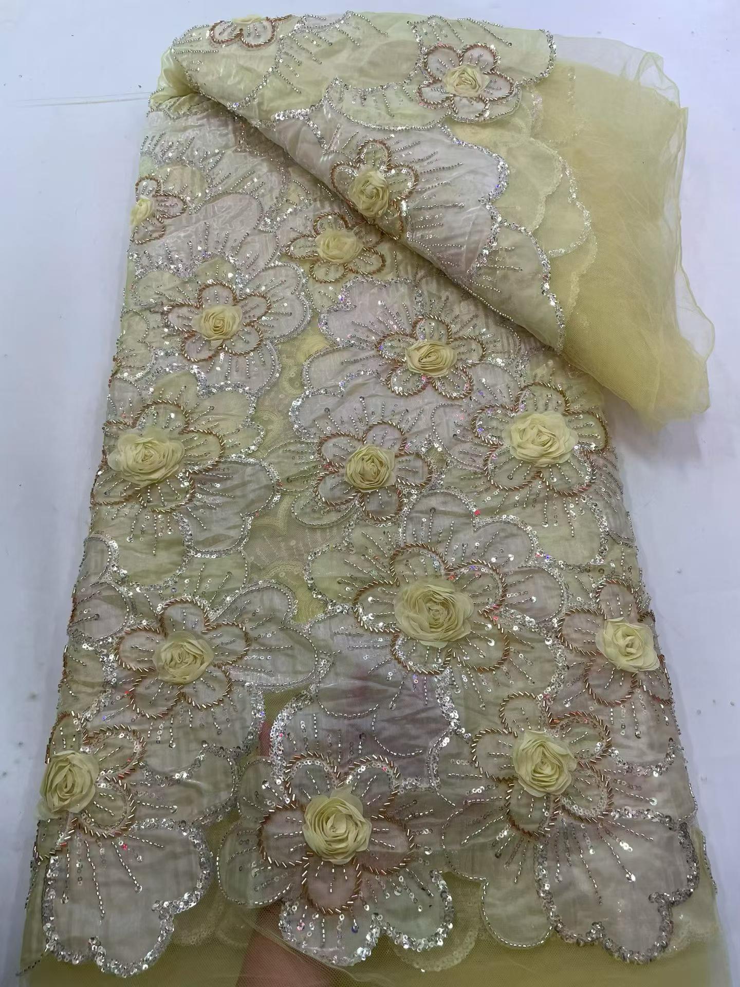 Affordable high quality lace fabric with beads pearls and sequins wedding dress lace fabric