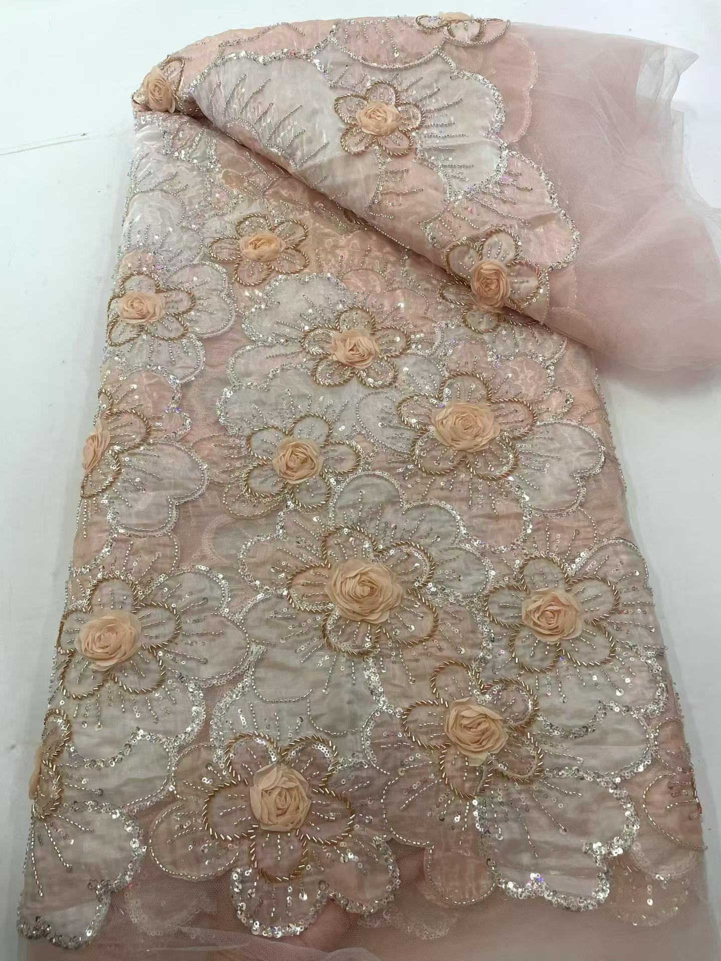 Affordable high quality lace fabric with beads pearls and sequins wedding dress lace fabric
