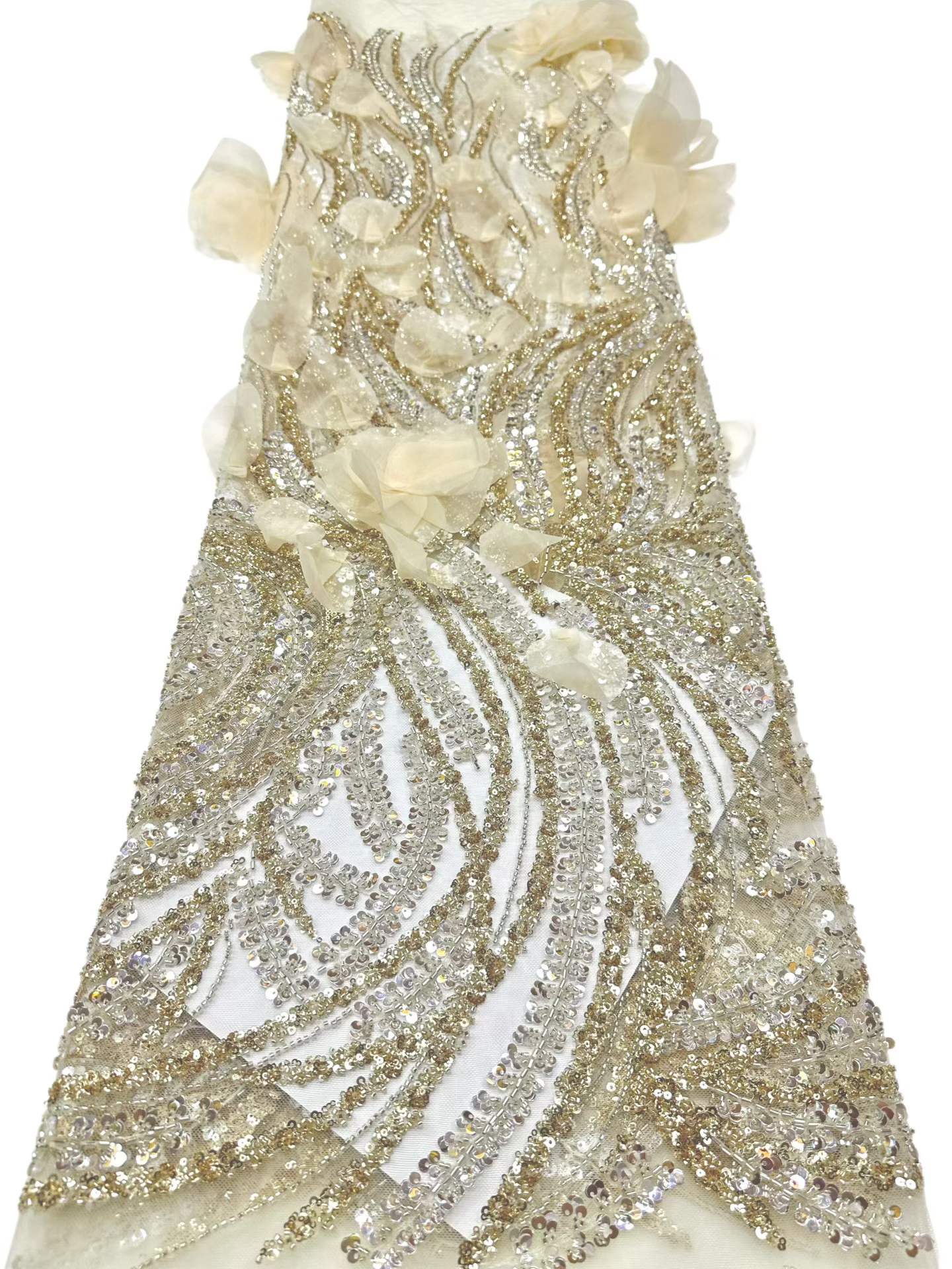 Affordable high quality lace fabric with beads pearls and sequins wedding dress lace fabric