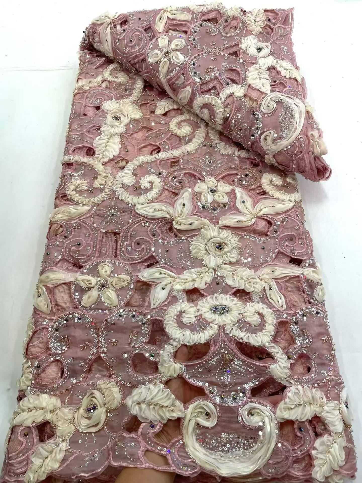 Affordable high quality lace fabric with beads pearls and sequins wedding dress lace fabric