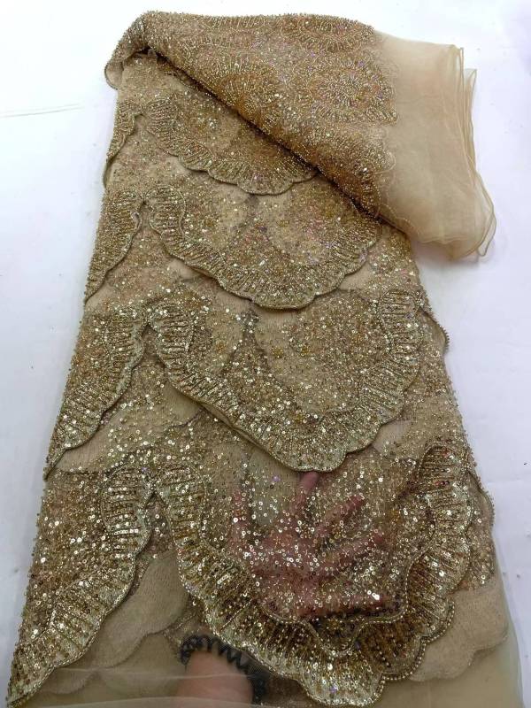 Affordable high quality lace fabric with beads pearls and sequins wedding dress lace fabric
