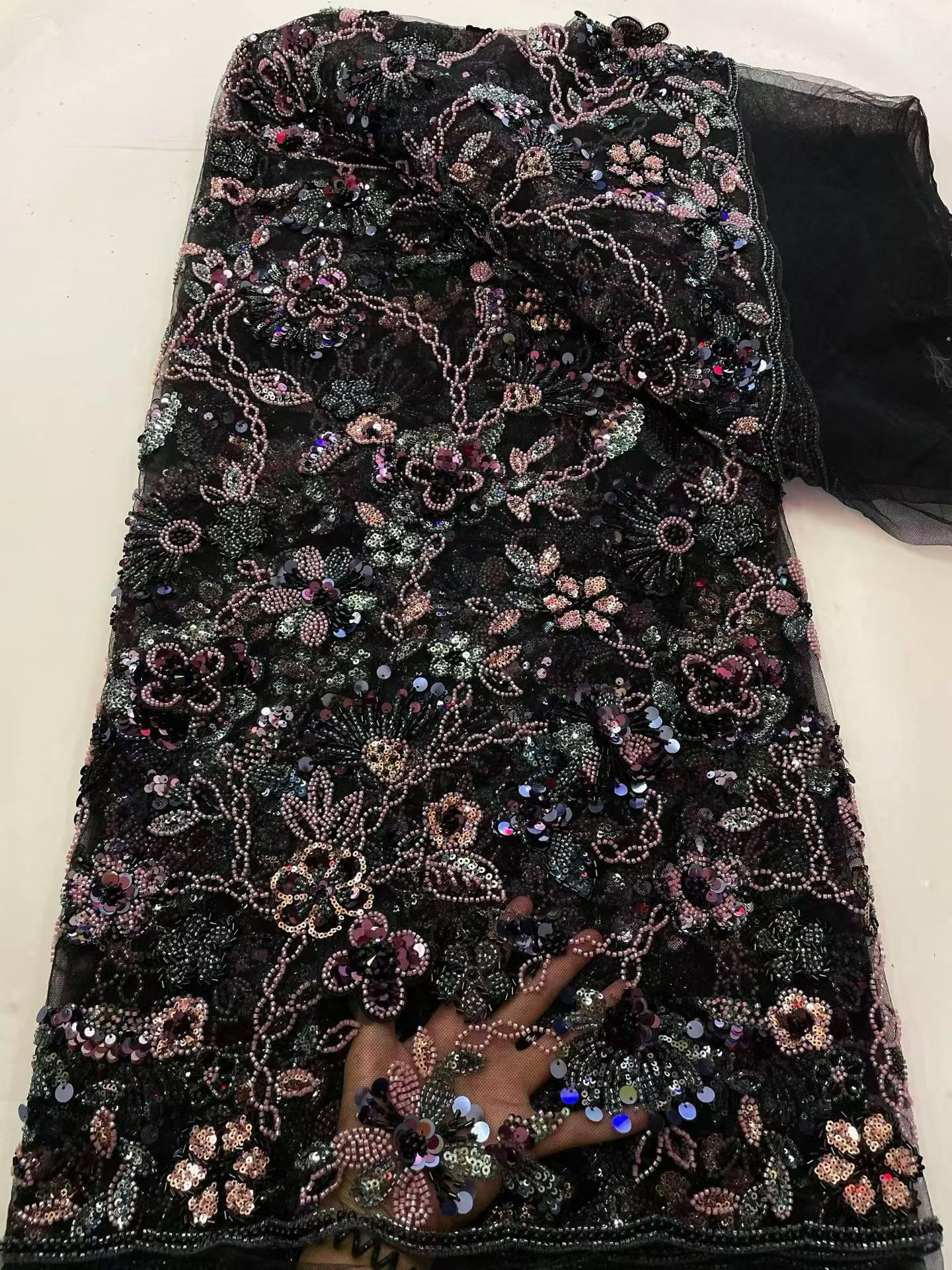 Affordable high quality lace fabric with beads pearls and sequins wedding dress lace fabric