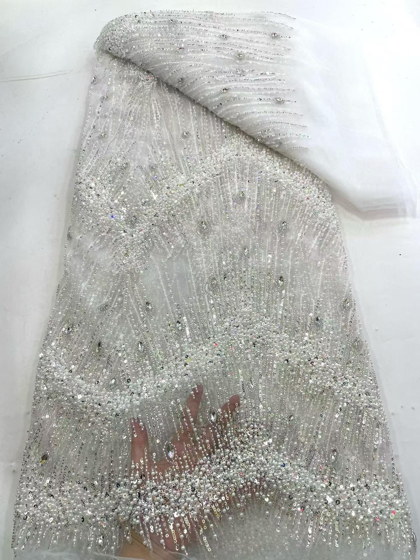 Affordable high quality lace fabric with beads pearls and sequins wedding dress lace fabric