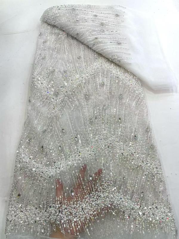 Affordable high quality lace fabric with beads pearls and sequins wedding dress lace fabric