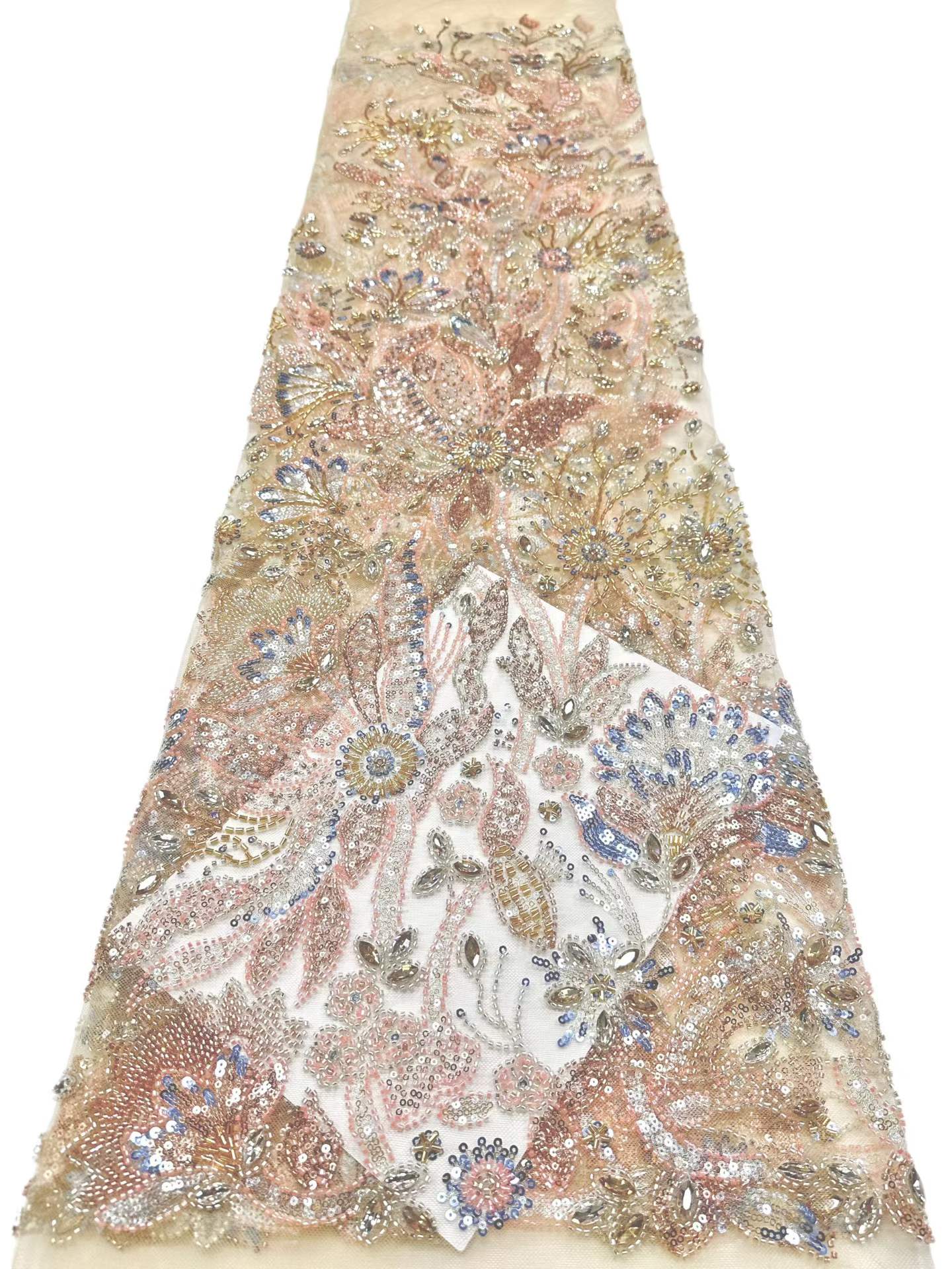 Affordable high quality lace fabric with beads pearls and sequins wedding dress lace fabric