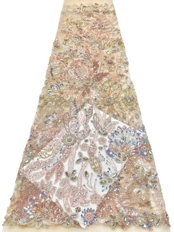 Affordable high quality lace fabric with beads pearls and sequins wedding dress lace fabric