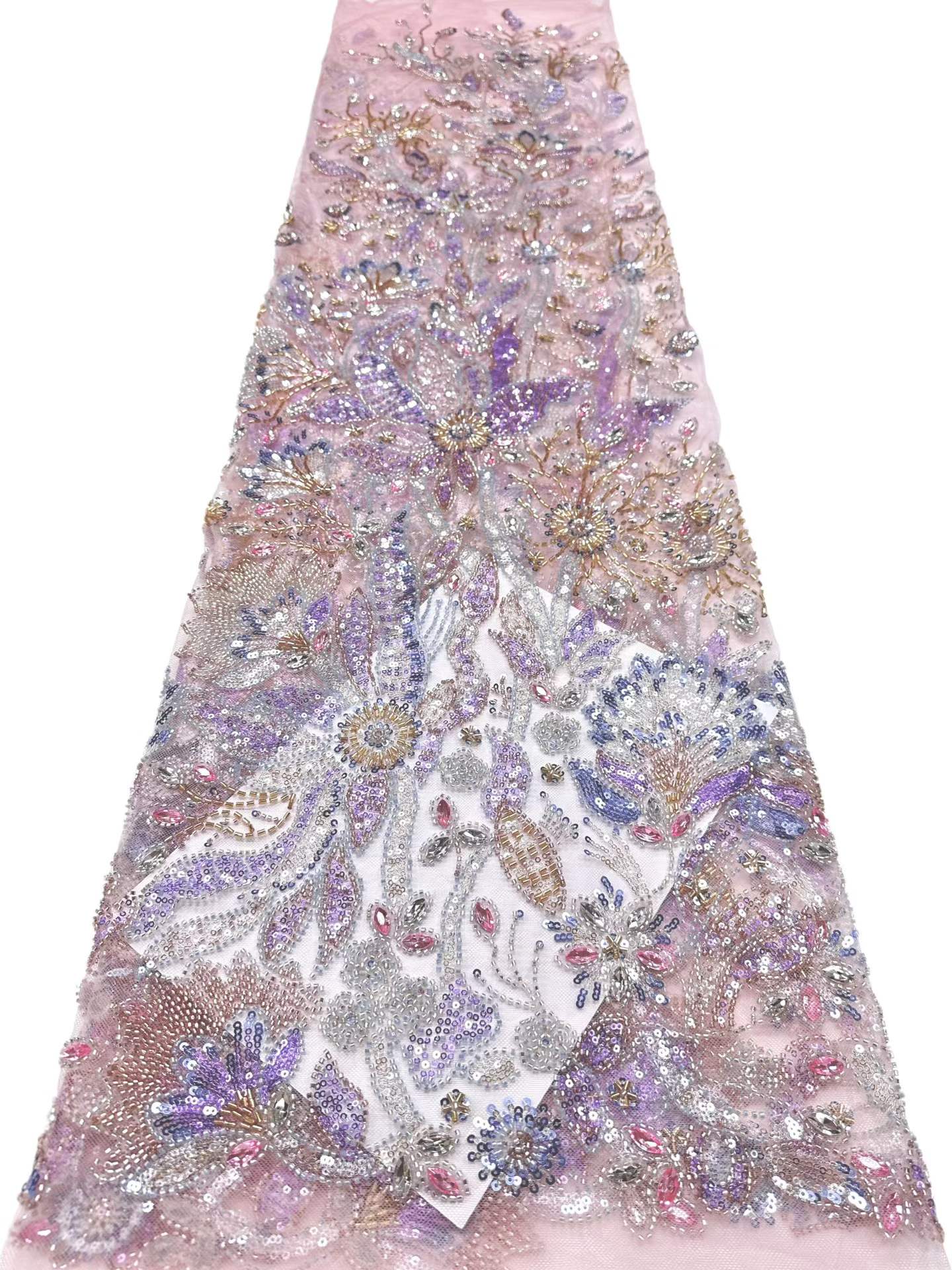 Affordable high quality lace fabric with beads pearls and sequins wedding dress lace fabric