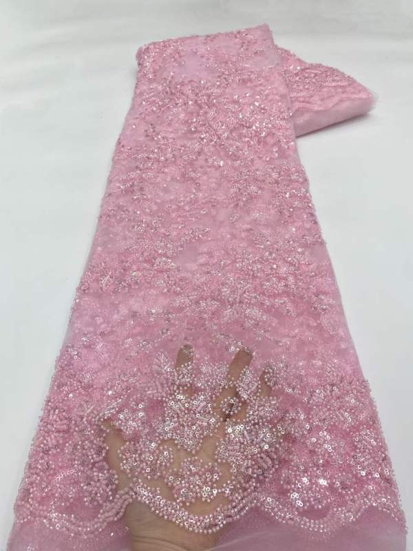 Affordable high quality lace fabric with beads pearls and sequins wedding dress lace fabric
