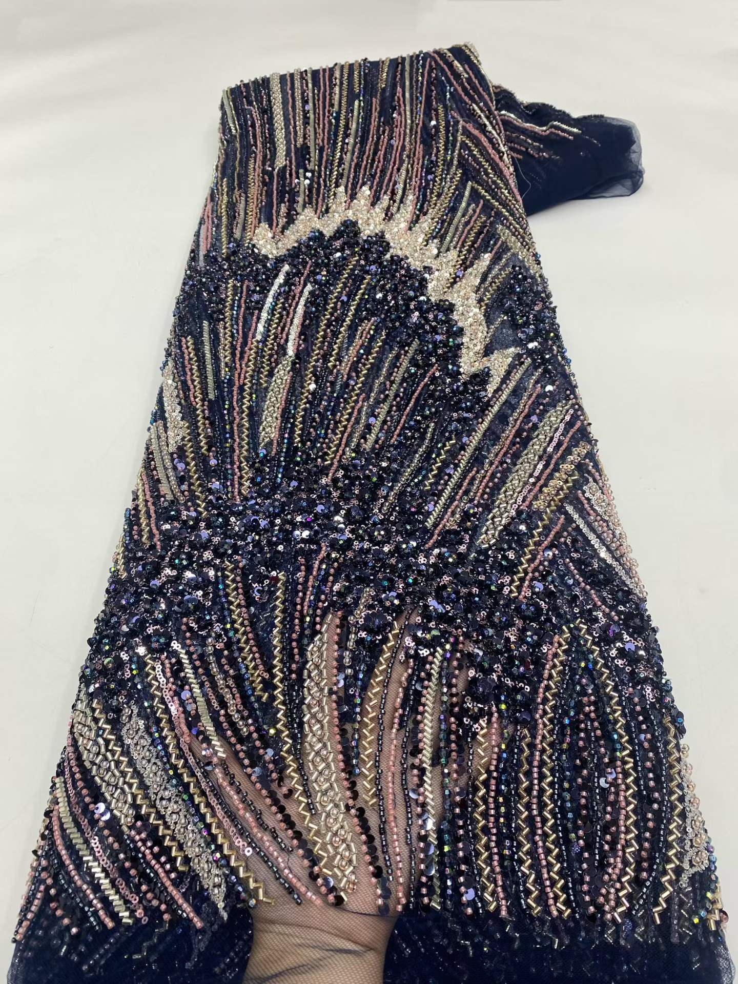 Affordable high quality lace fabric with beads pearls and sequins wedding dress lace fabric