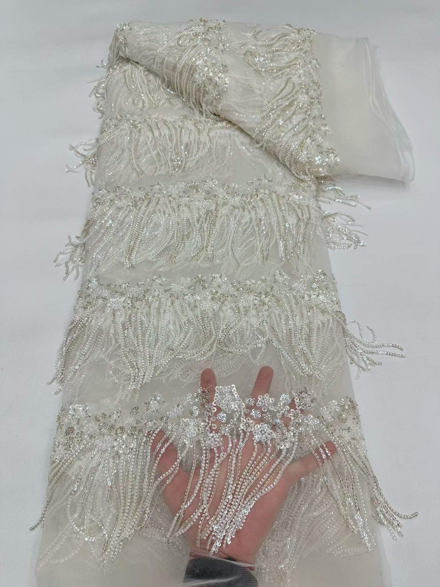 Affordable high quality lace fabric with beads pearls and sequins wedding dress lace fabric