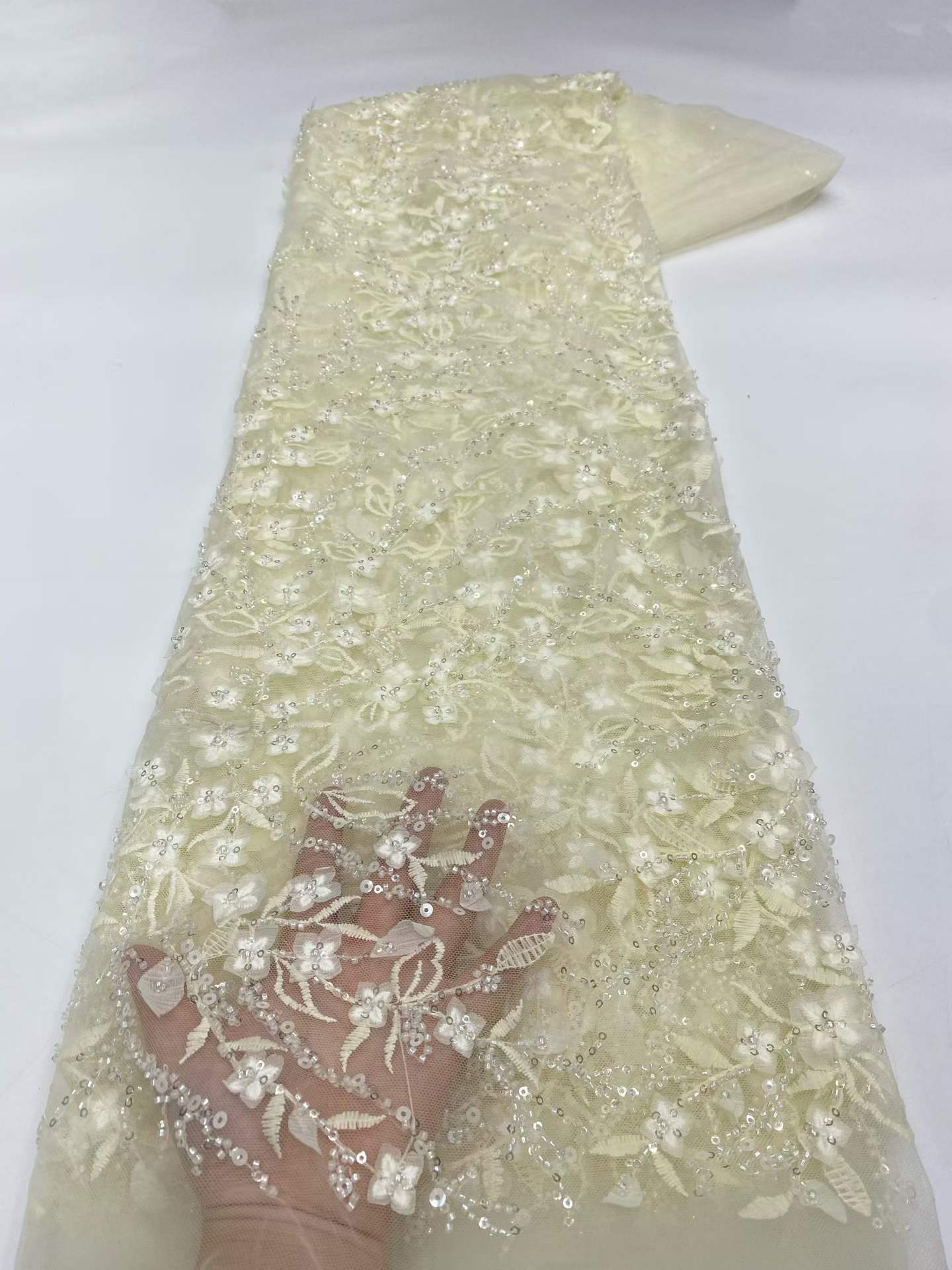 Affordable high quality lace fabric with beads pearls and sequins wedding dress lace fabric