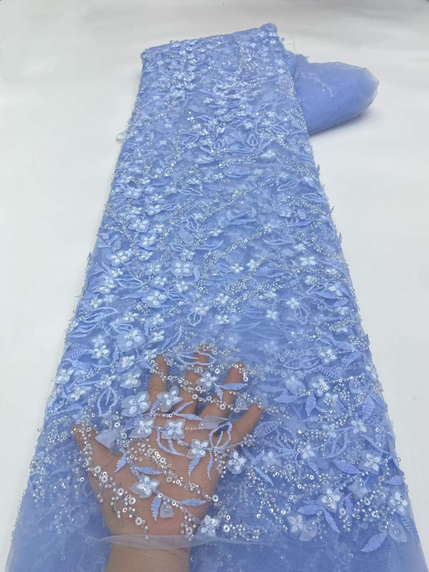 Affordable high quality lace fabric with beads pearls and sequins wedding dress lace fabric