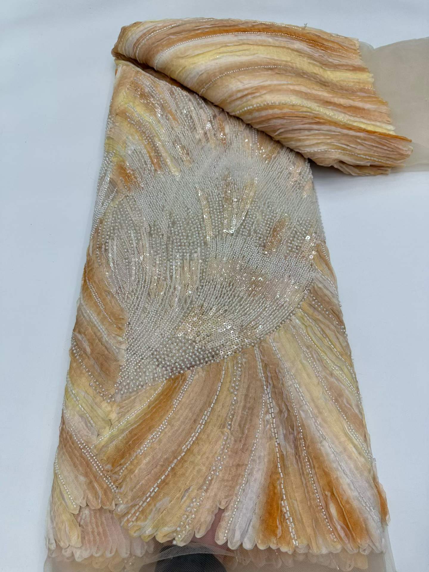 Affordable high quality lace fabric with beads pearls and sequins wedding dress lace fabric