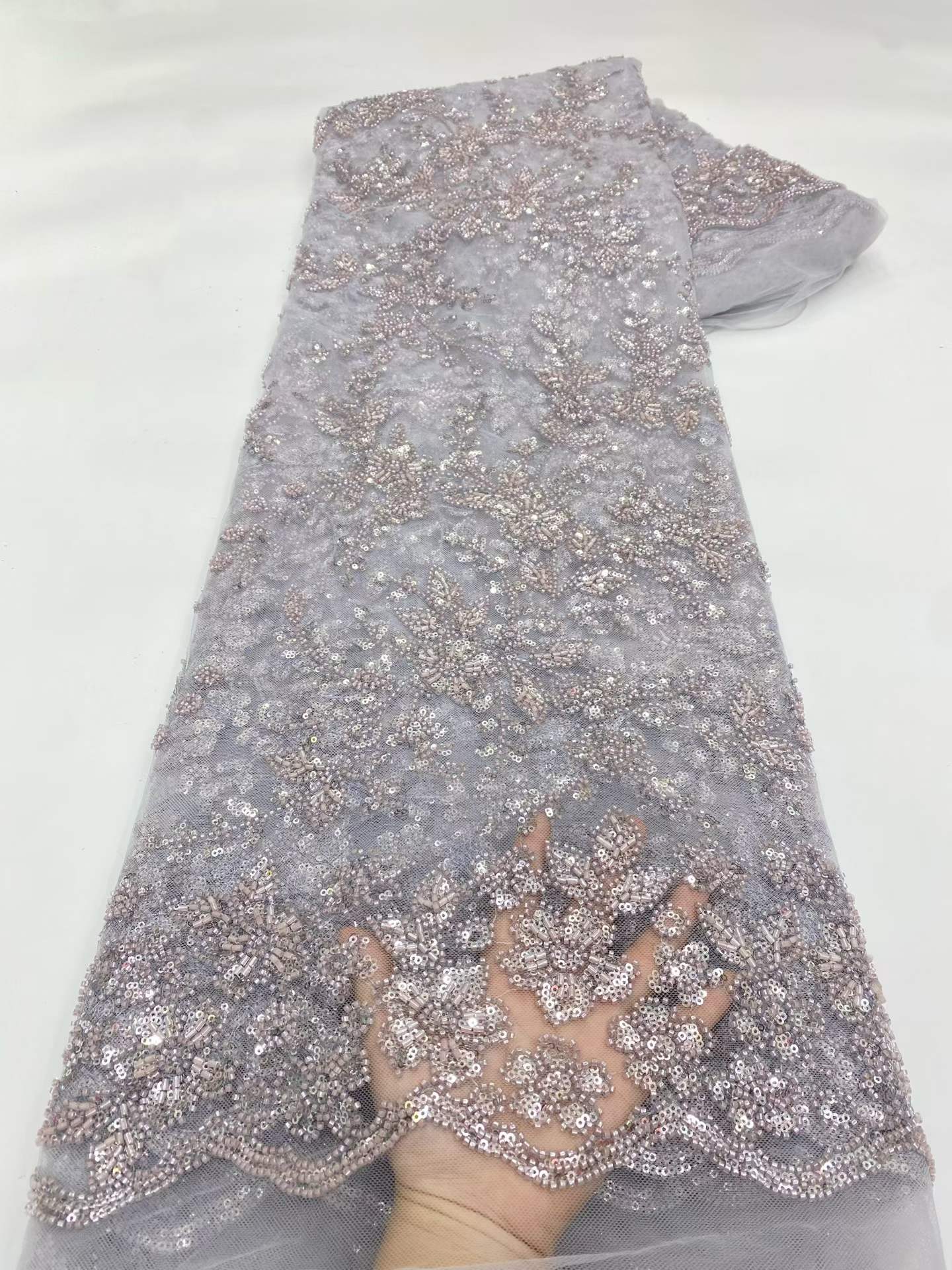 Affordable high quality lace fabric with beads pearls and sequins wedding dress lace fabric