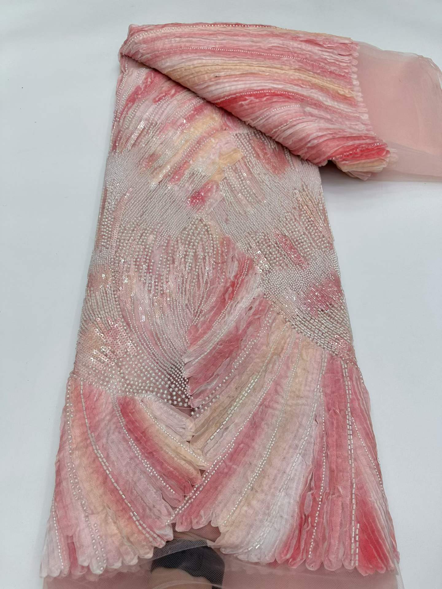Affordable high quality lace fabric with beads pearls and sequins wedding dress lace fabric