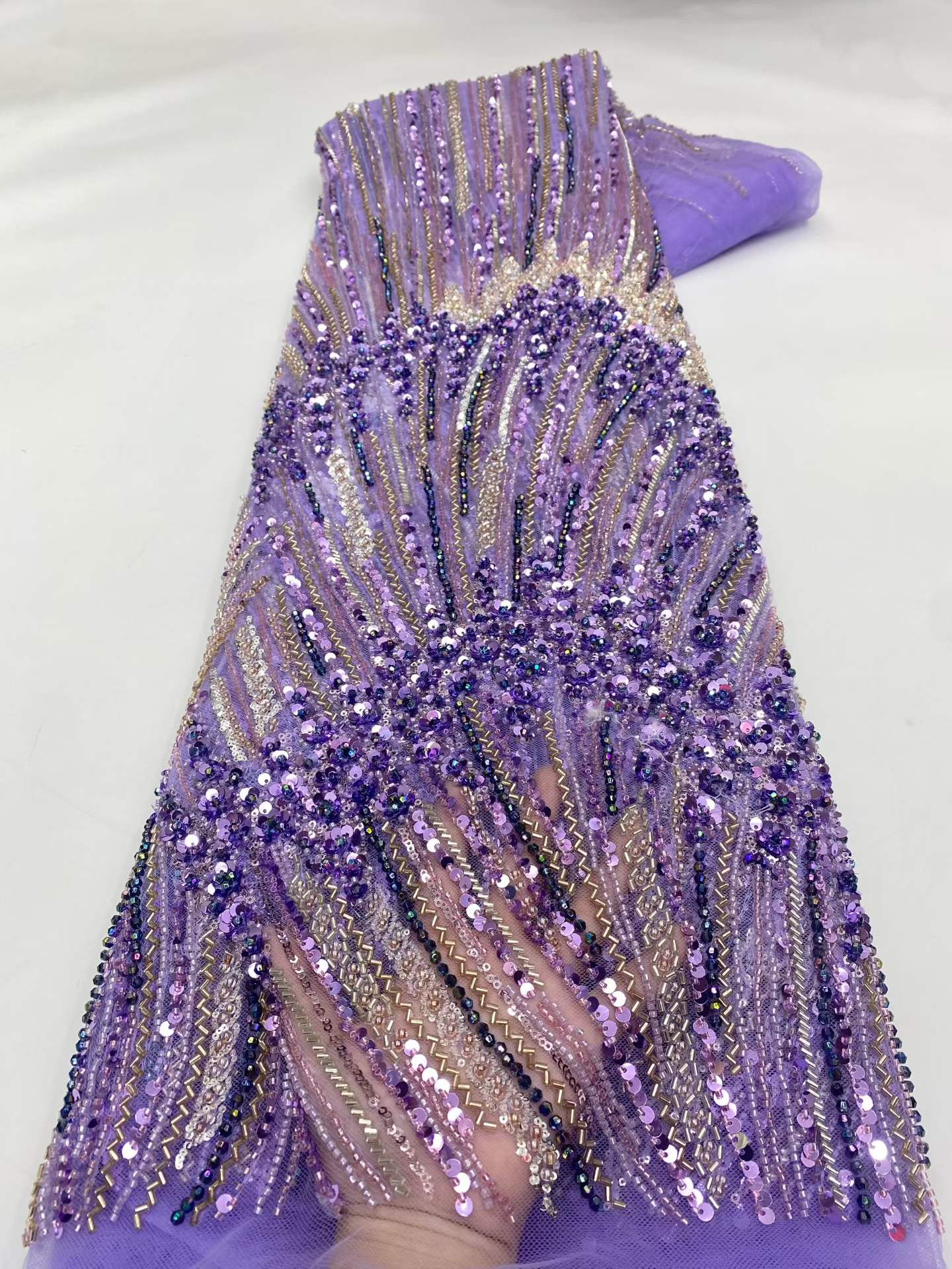 Affordable high quality lace fabric with beads pearls and sequins wedding dress lace fabric