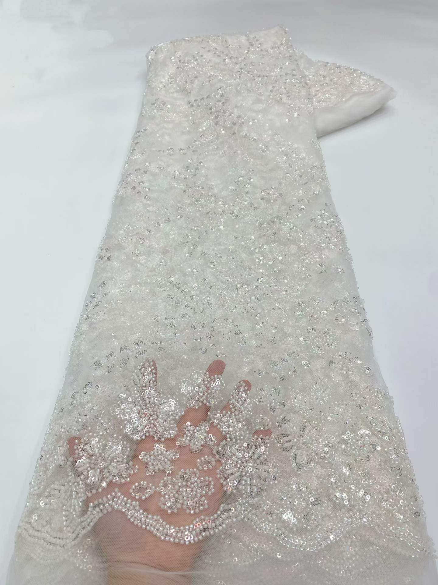 Affordable high quality lace fabric with beads pearls and sequins wedding dress lace fabric