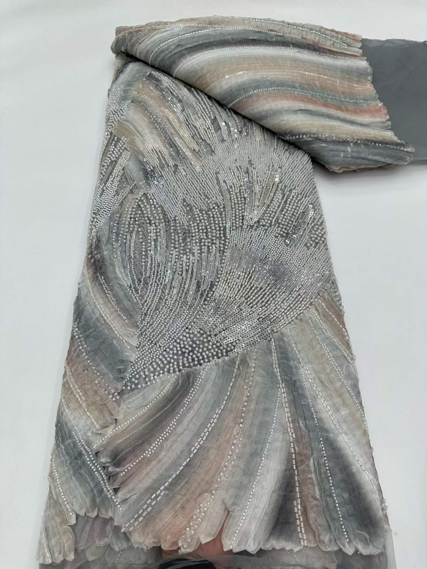 Affordable high quality lace fabric with beads pearls and sequins wedding dress lace fabric
