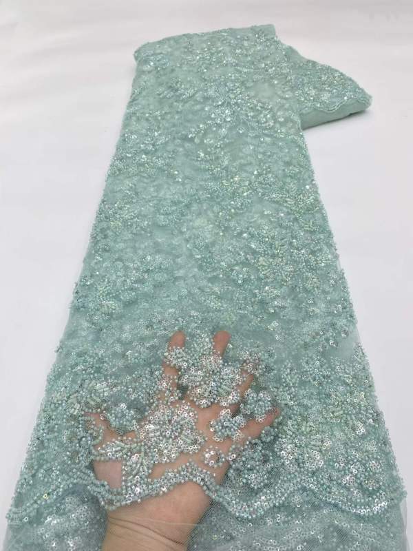 Affordable high quality lace fabric with beads pearls and sequins wedding dress lace fabric