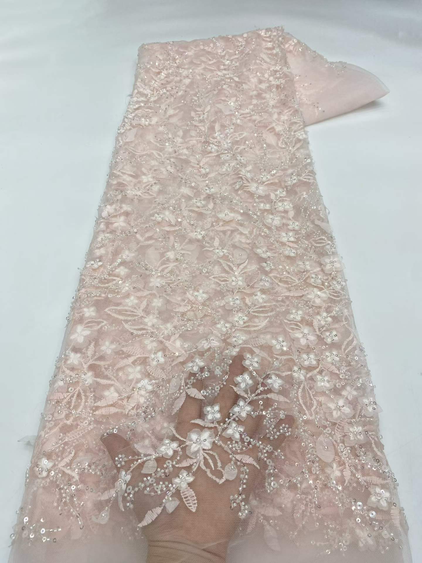 Affordable high quality lace fabric with beads pearls and sequins wedding dress lace fabric