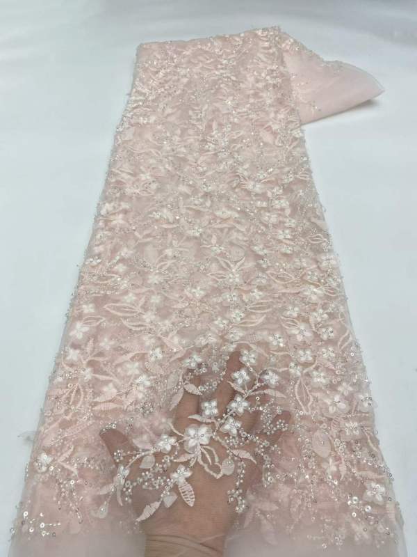 Affordable high quality lace fabric with beads pearls and sequins wedding dress lace fabric