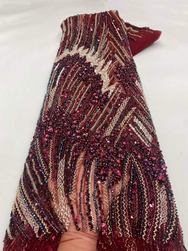 Affordable high quality lace fabric with beads pearls and sequins wedding dress lace fabric
