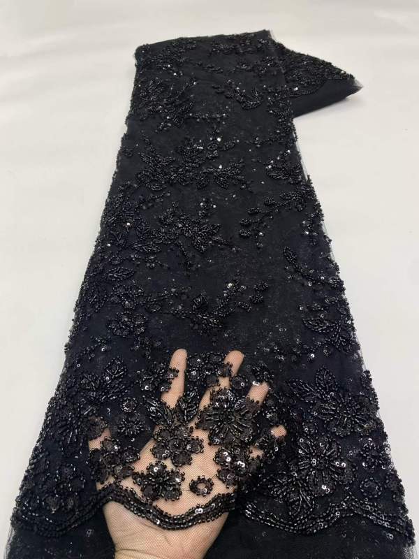 Affordable high quality lace fabric with beads pearls and sequins wedding dress lace fabric
