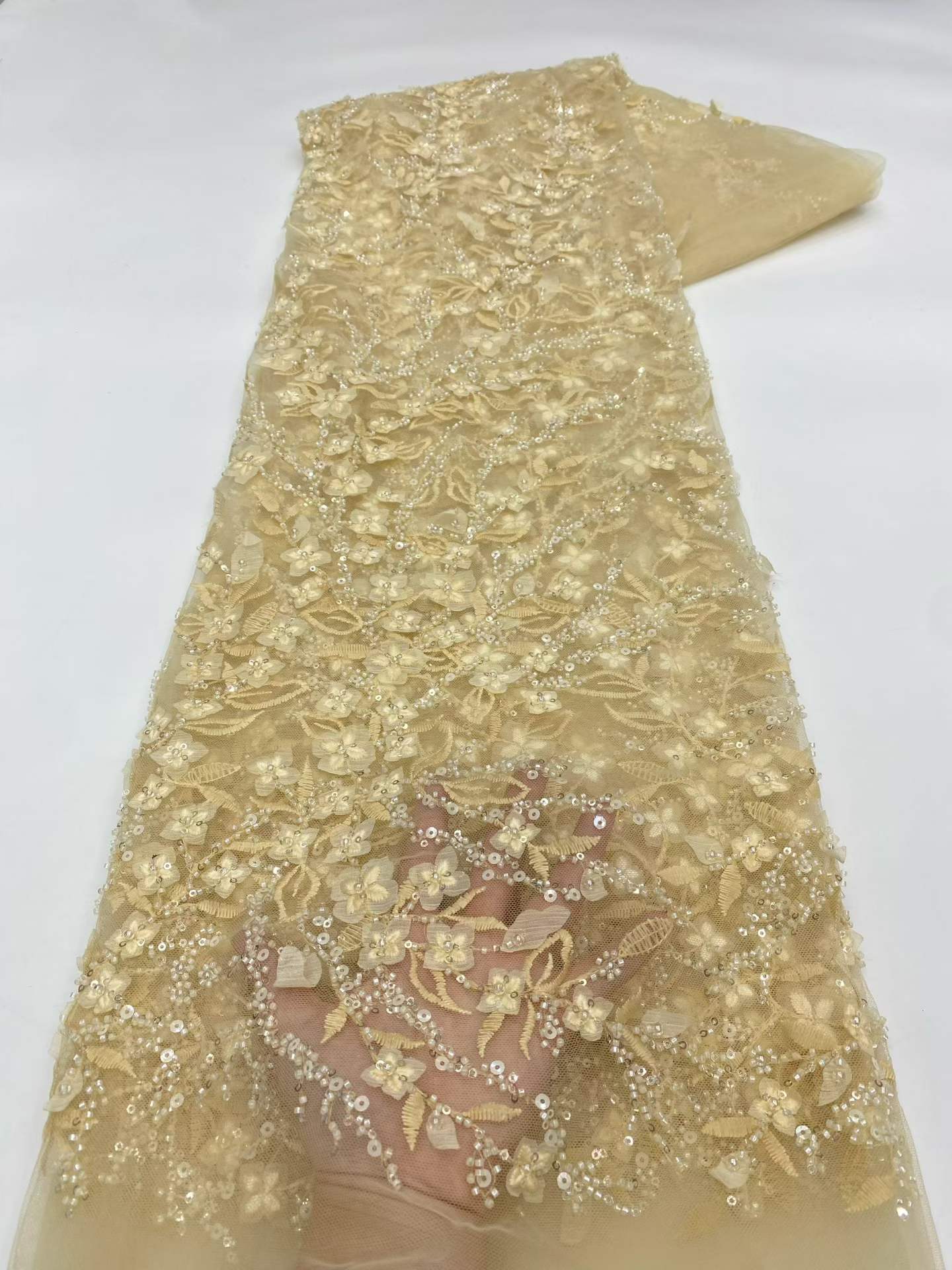 Affordable high quality lace fabric with beads pearls and sequins wedding dress lace fabric