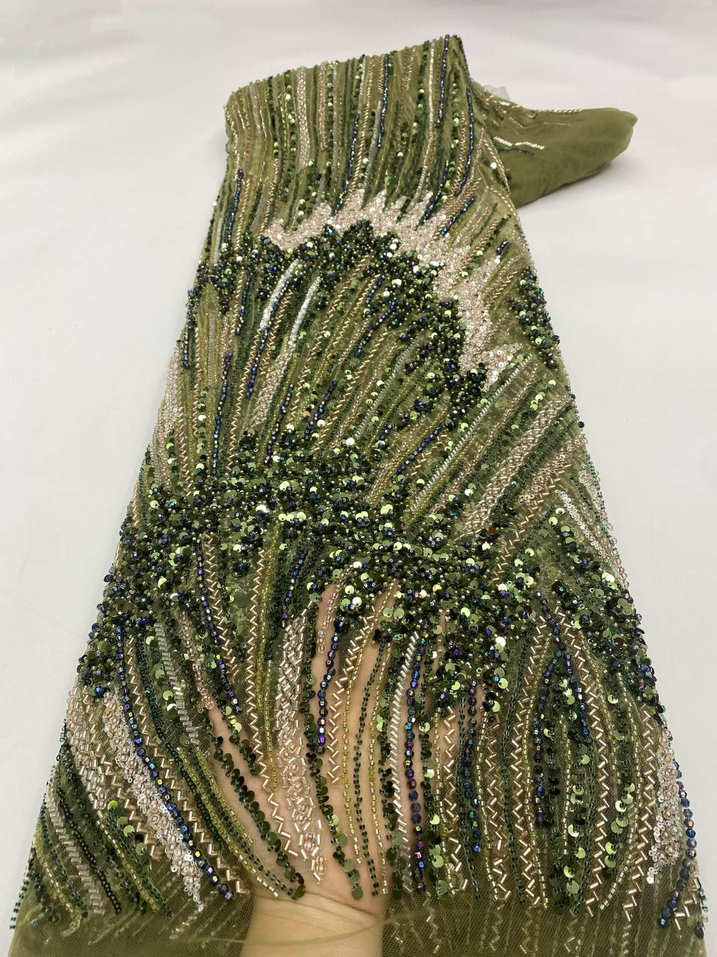 Affordable high quality lace fabric with beads pearls and sequins wedding dress lace fabric