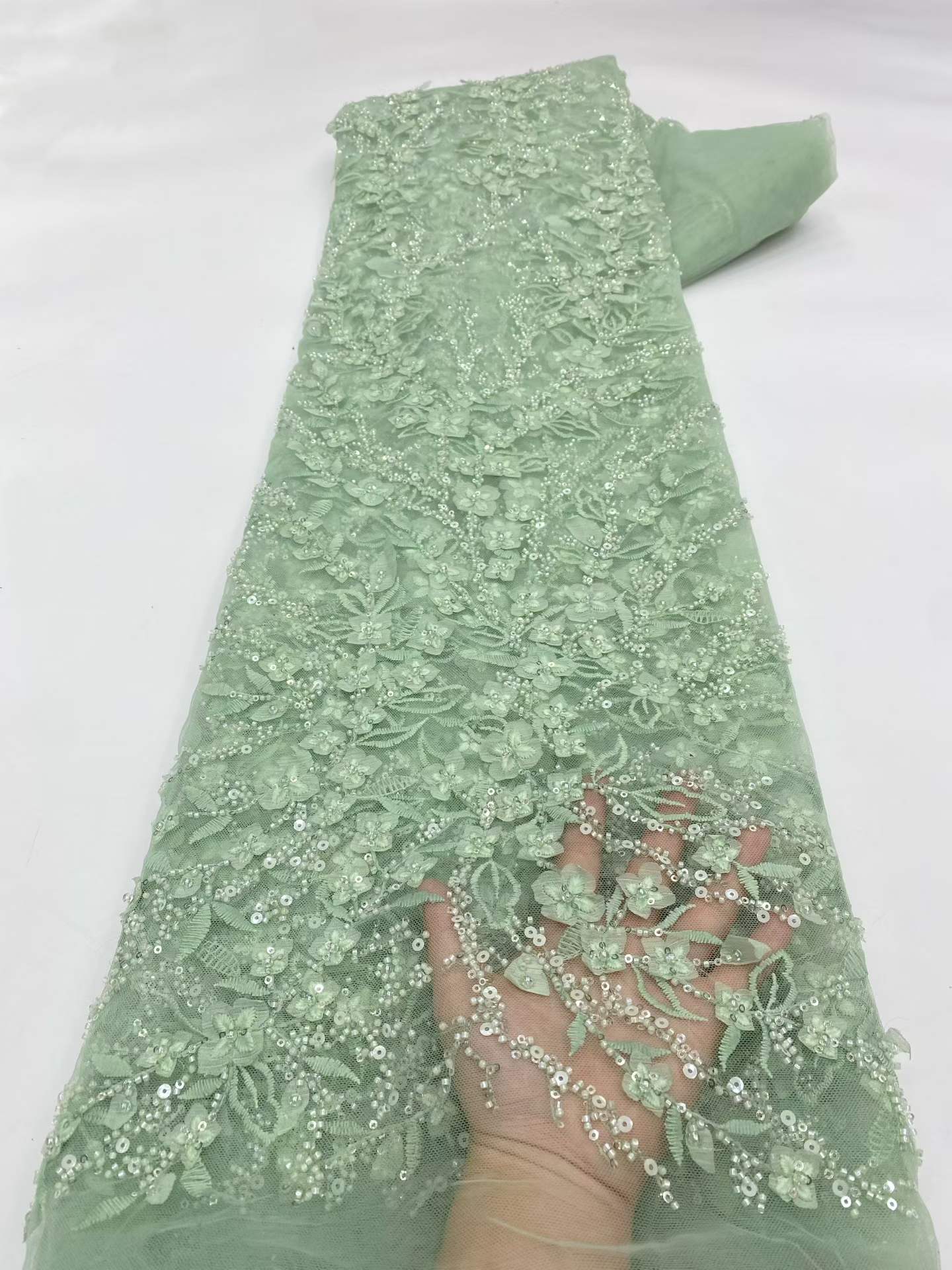 Affordable high quality lace fabric with beads pearls and sequins wedding dress lace fabric