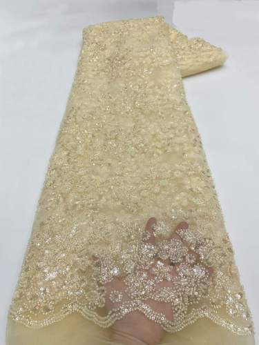 Affordable high quality lace fabric with beads pearls and sequins wedding dress lace fabric