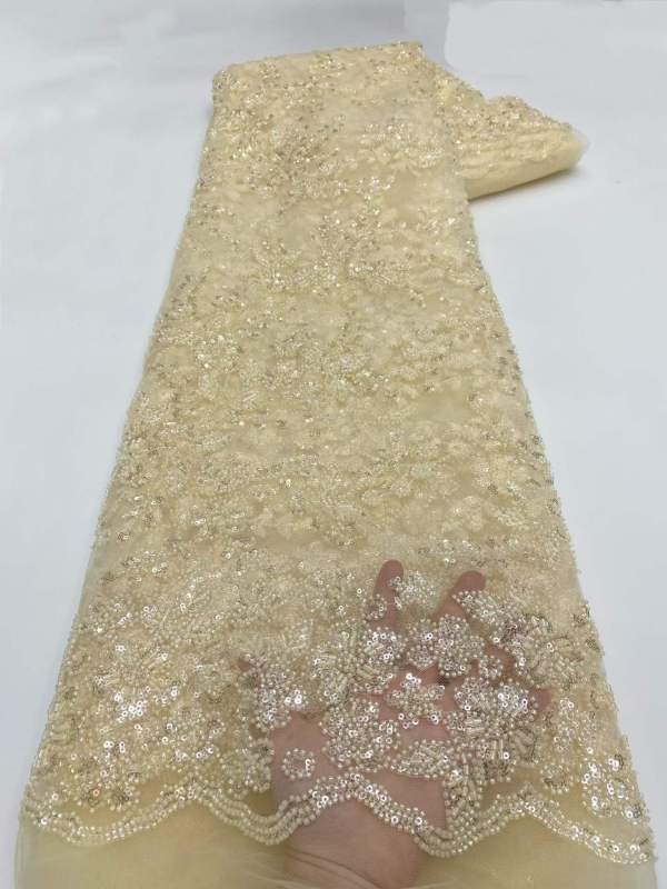 Affordable high quality lace fabric with beads pearls and sequins wedding dress lace fabric